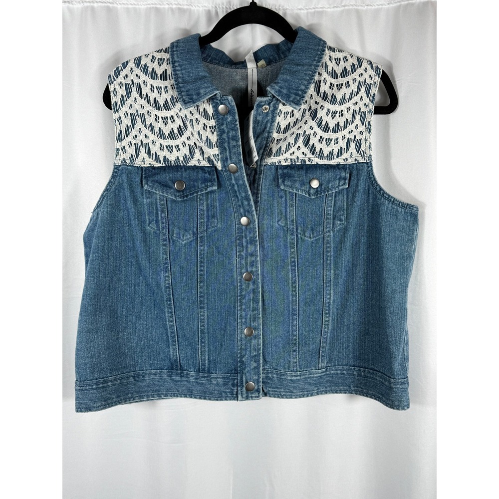 NWT‎ NY Collection Womens Blue Denim Lace Vest Snap Front XL